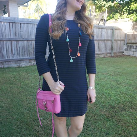 Old favourite navy striped dress witha recently thrifted fun tassel necklace, and my neon pink mini mac bag that I redyed myself! (Video on youtube)💙💕

#LTKaustralia #LTKbag #LTKautumn