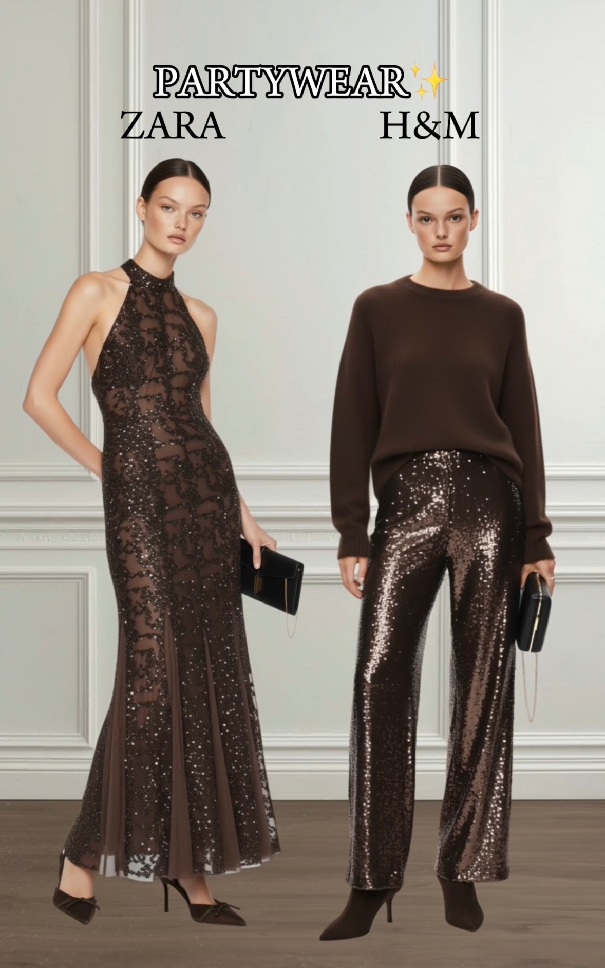Zara vs H&amp;M Partywear✨

Tags: New Year’s party outfit, work Christmas party outfit, Christmas Day outfit, Christmas market outfits, brown maxi dress, brown mohair jumper outfit, brown sequin trousers outfit, 

#LTKdresses #LTKfestive #LTKpartywear