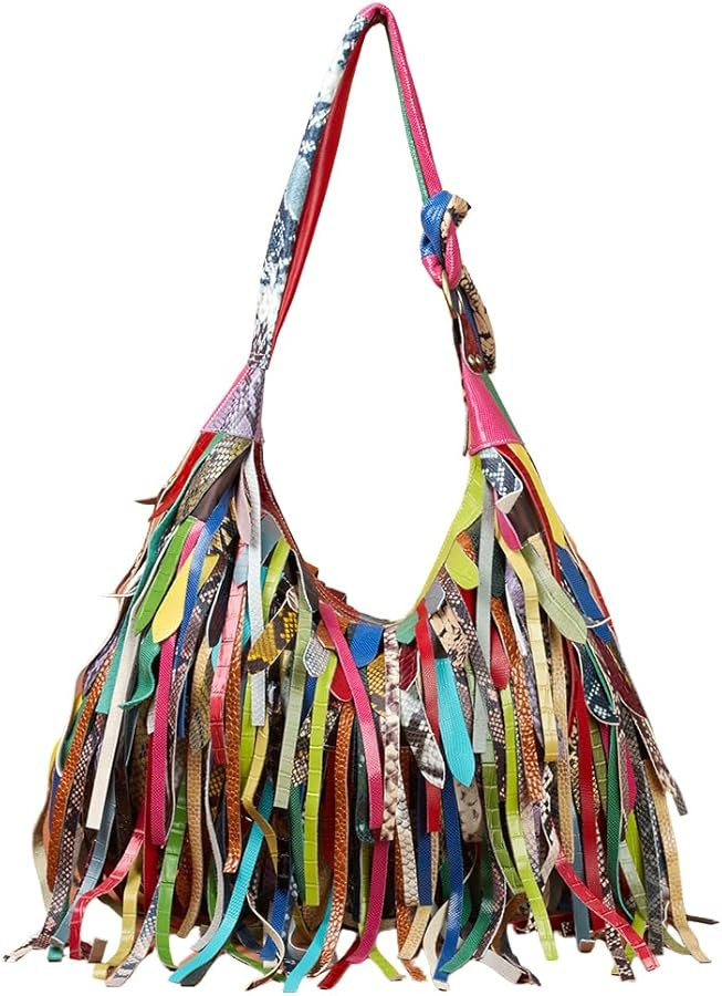 Women Multicolour Handbag Sheepskin Patchwork Shoulder Bag Colorful Tassel Purse | Amazon (US)
