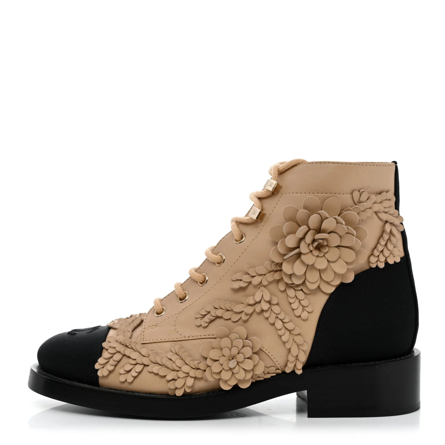 Embroidered Lambskin Grosgrain Lace Up Boots 38 Beige Black | FASHIONPHILE (US)