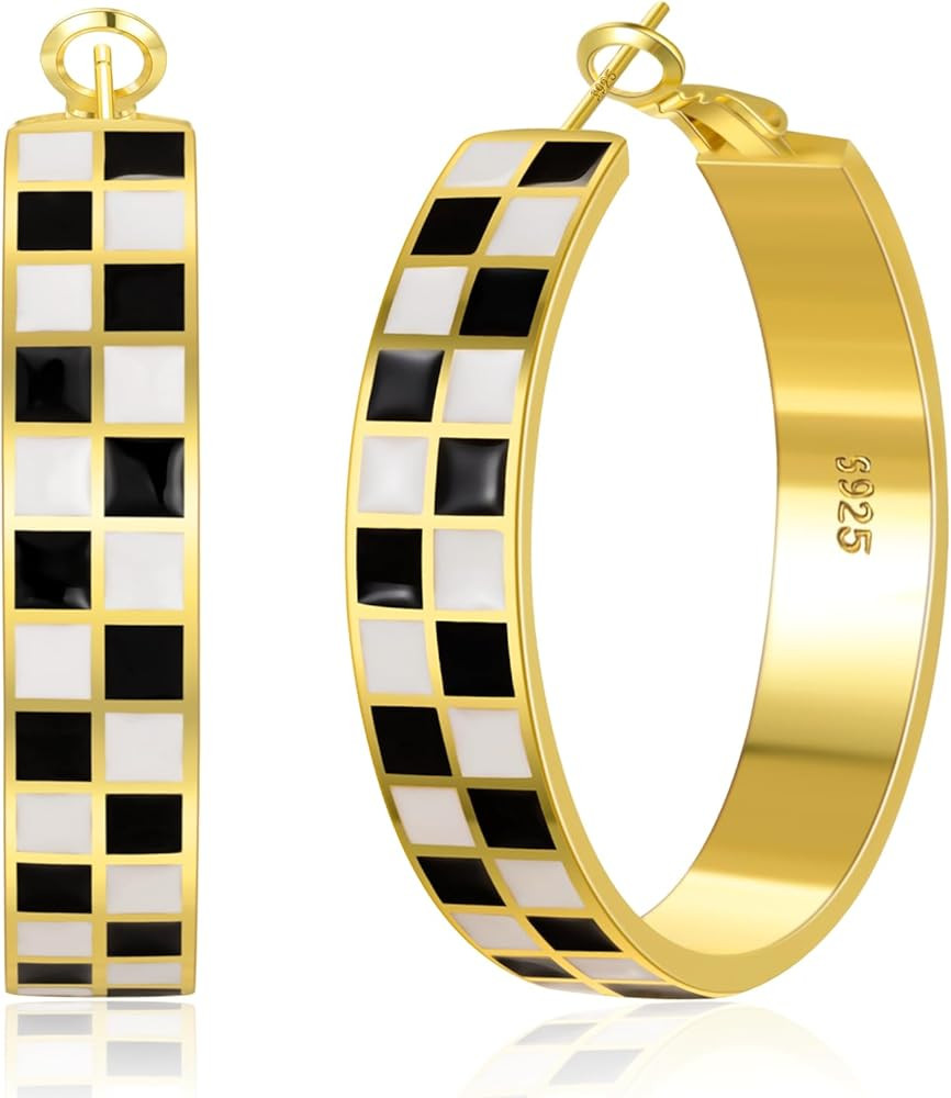 YOUNGYUE Checkerboard Gold Hoop Earrings for Women Hypoallergenic 925 Sterling Silver Hoop Earrin... | Amazon (US)