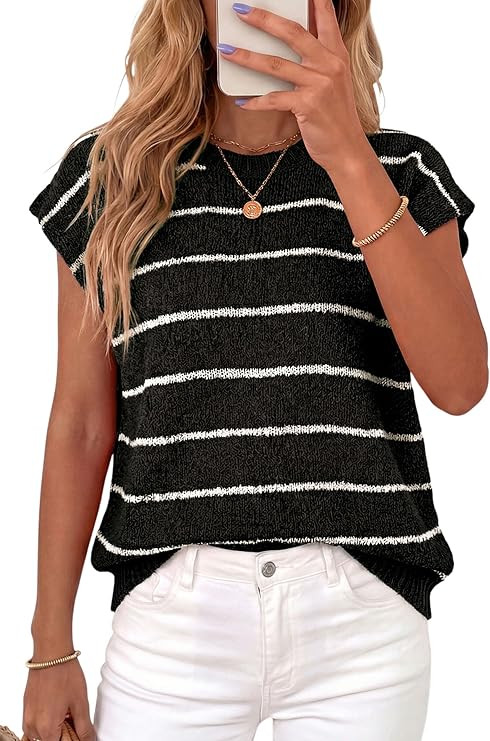 PRETTYGARDEN Womens Summer Short Sleeve Tops 2026 Trendy Crew Neck Striped Knit Sweater Business ... | Amazon (US)