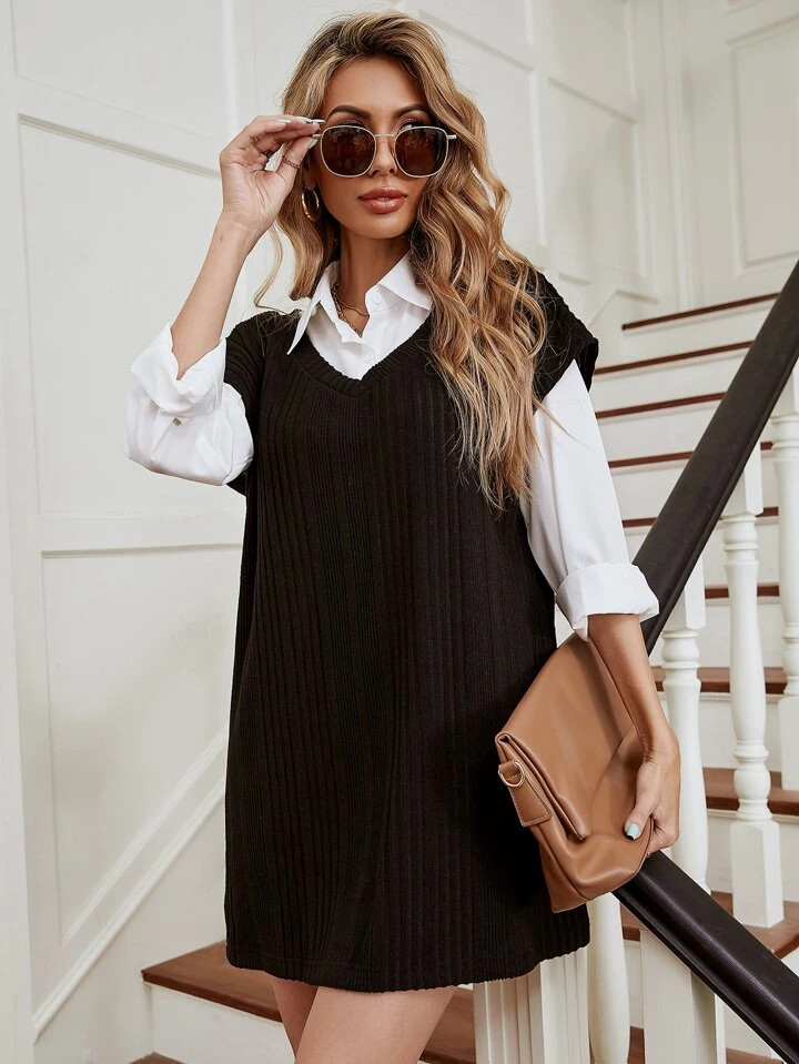 SHEIN Frenchy V Neck Ribbed Knit Dress & Blouse | SHEIN