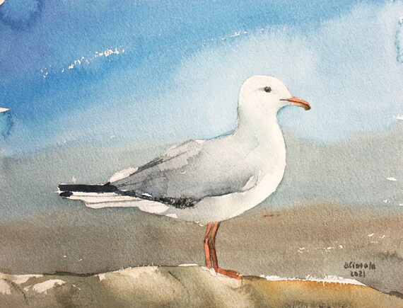 Seagull Painting Original Art Watercolor Seascape Coastal Artwork Small Bird Art by Eugenia Cioto... | Etsy (US)