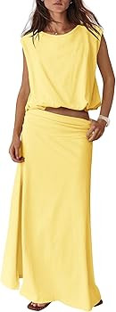 ReachMe Womens Summer Skirt Sets 2 Piece Travel Outfits Sleeveless Going Out Tops Maxi Dress Beac... | Amazon (US)