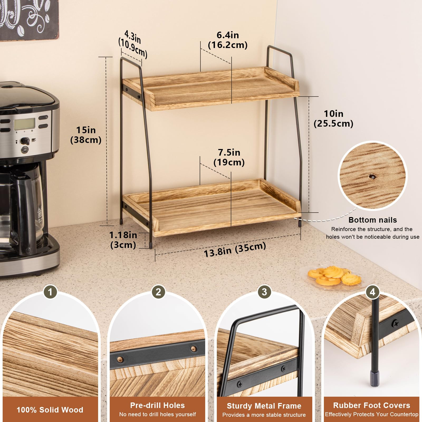Countertop Coffee Station Organizer, 2 Tier Wooden Shelf for Coffee Bar Accessories, Condiment St... | Amazon (US)