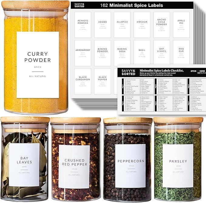 146 Minimalist Spice Jar Labels - Preprinted Spice Stickers - Black Text on White Waterproof Labe... | Amazon (US)