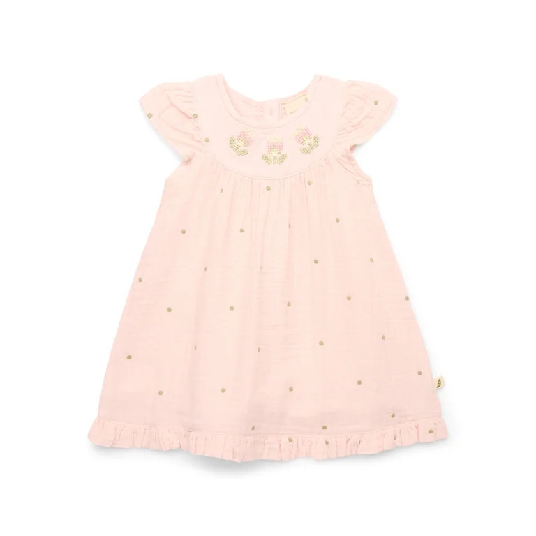 easy-peasy Baby Girls Organic Cotton Gauze Embroidered Flutter Dress, Sizes 0-24M | Walmart (US)