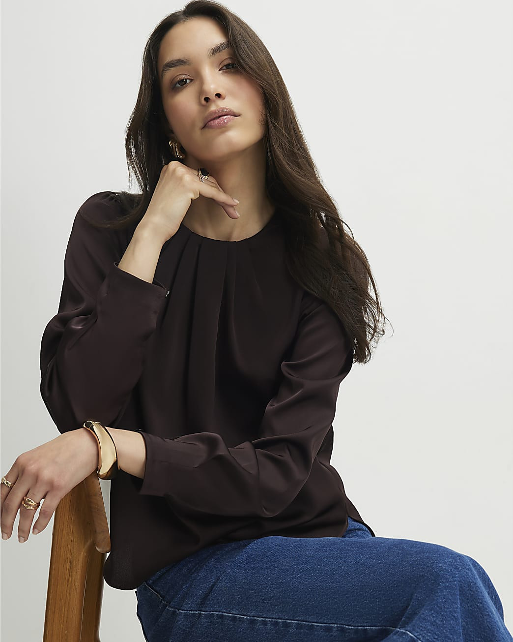 Brown Satin Long Sleeve Pleat Front Blouse | River Island UK & IE