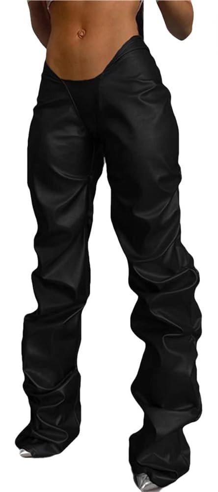 LROSEY Faux Leather Stacked Pants for Women – Sexy Y2K Rave Concert Low Rise V Waist Streetwear... | Amazon (US)
