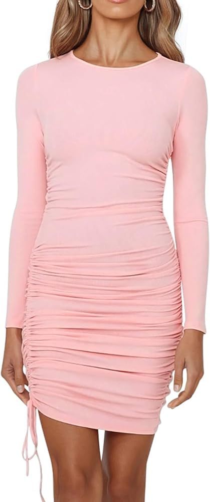 R.Vivimos Women's Winter Long Sleeve Ruched Drawstrings Knit Stretchy Bodycon T Shirt Mini Dresses | Amazon (US)