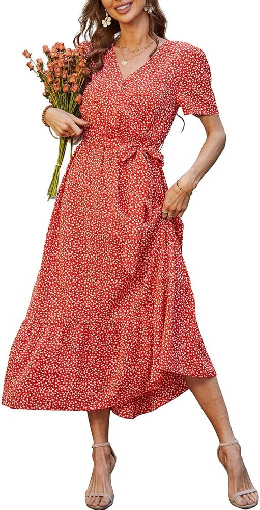 PRETTYGARDEN Women's Floral Summer Dress Wrap V Neck Short Sleeve Belted Ruffle Hem A-Line Bohemian  | Amazon (US)