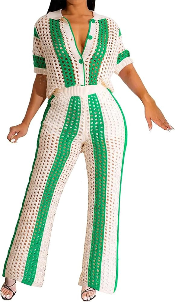 VOIKERDR Women Bodycon 2Pcs Knitted Set Strap High Waist Short Sleeve Long Pants Summer Sexy Trac... | Amazon (US)