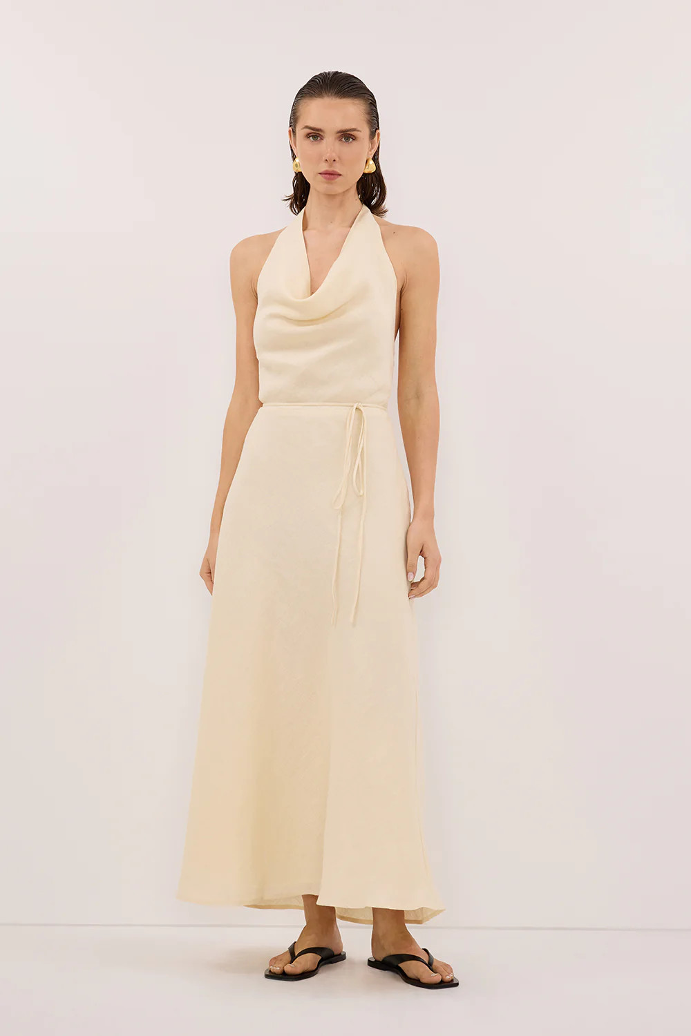 HAYLEE STRAW LINEN COWL DRESS | DISSH