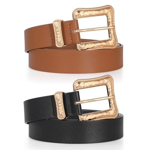 JASGOOD Plus Size Women's Leather Belt for Jeans Pants, Fashion Ladies Waist Belt with Gold Buckle (Black & Brown, Fit waist size 30''-35'') | Amazon (US)