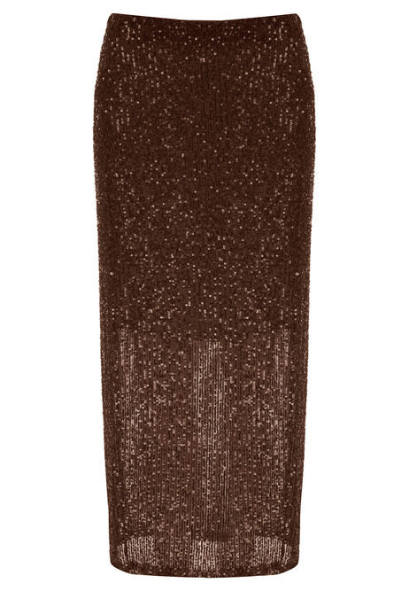 Womens Chocolate Brown Sparkle Sequin Midi Skirt | Peacocks