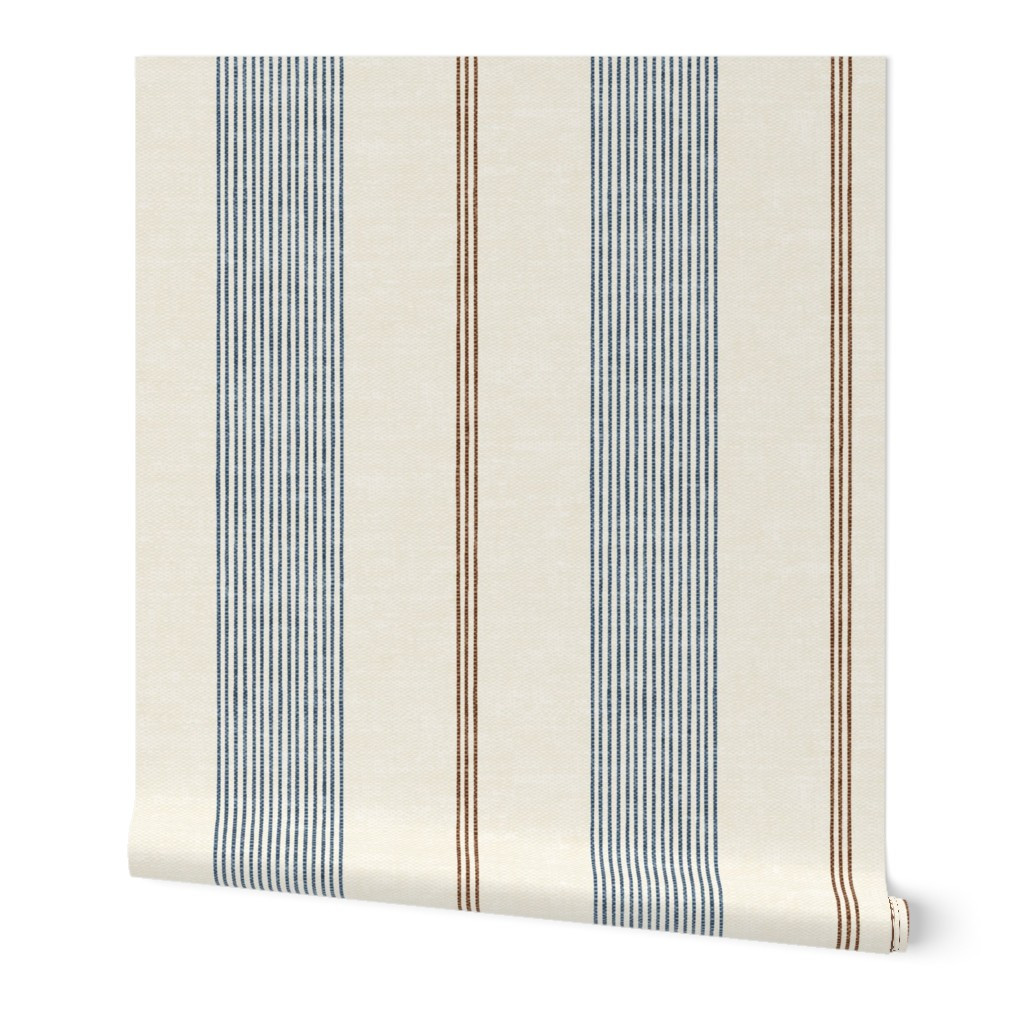 Wallpaper in (large scale) Ivy Stripes - Vertical Dark Blue/Brown on Cream - LAD22 | Spoonflower