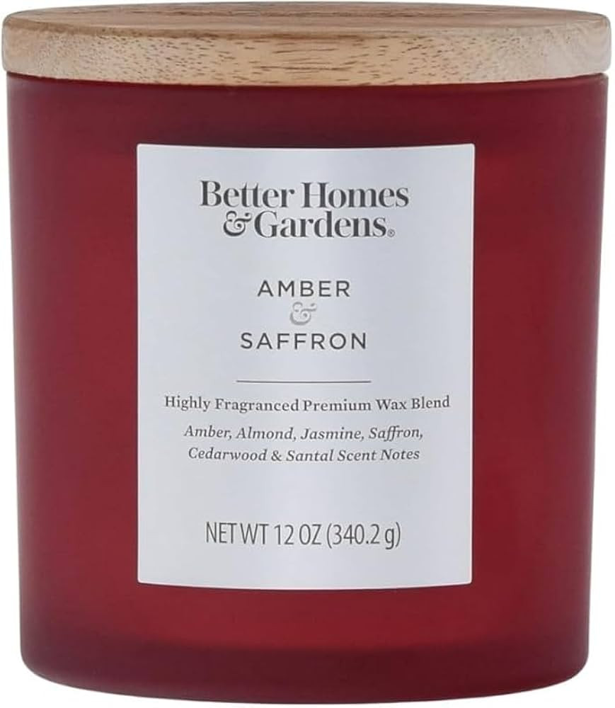 Better Homes and Gardens Amber & Saffron Scented Candle, 12 oz, 2 Wick Frosted Jar with Wooden Li... | Amazon (US)