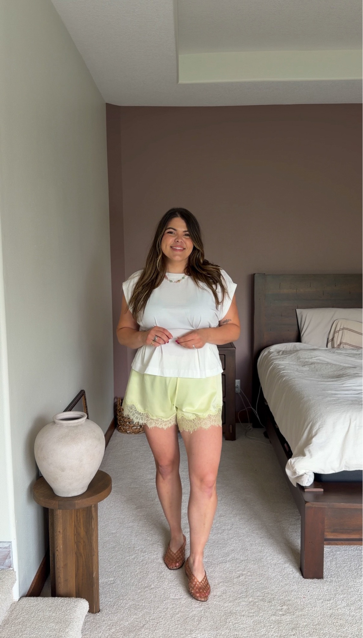 Casual summer outfit with lace trim shorts. Wearing size large and the shorts and the white tee

Midsize, size 12, size 14, mom style, curvy outfit