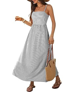 Caracilia Womens Maxi Dresses Striped, Adjustable Straps Smocked A-Line, Flowy Long Sundress, Cut... | Amazon (US)