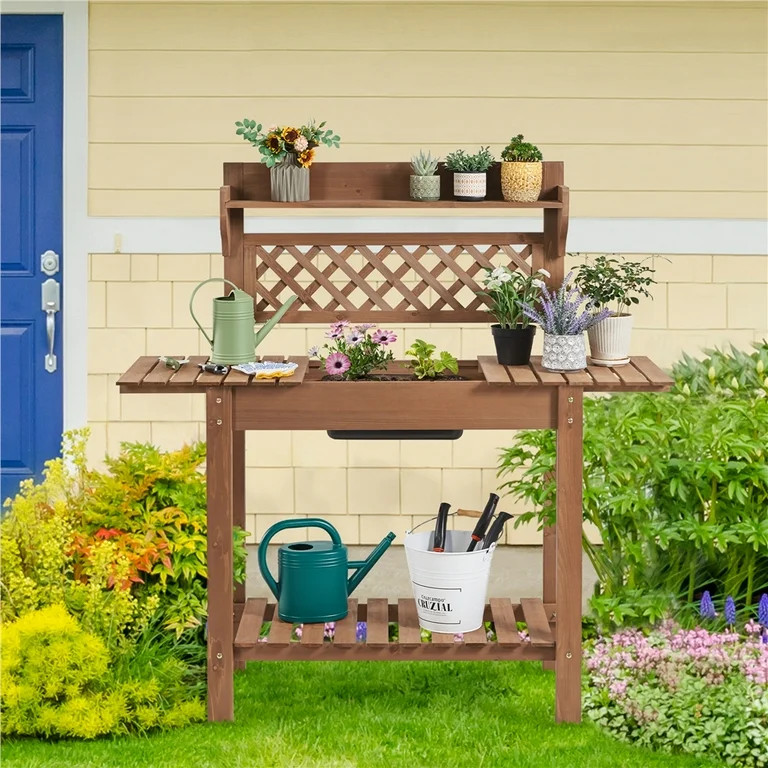 Topeakmart Garden Potting Bench Outdoor Wooden Work Station Table with Sliding Tabletop, Brown - ... | Walmart (US)