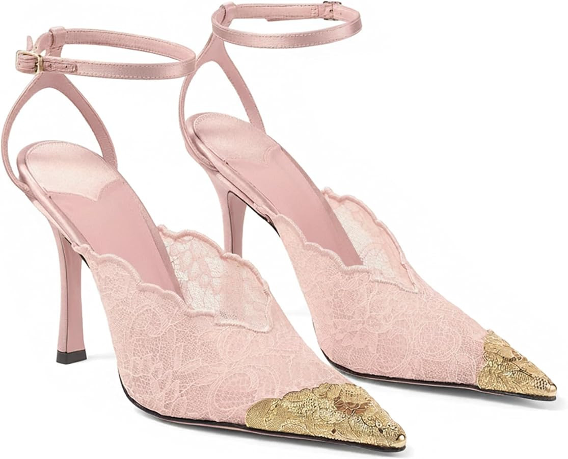 Lace Wedding Shoes for Brdie Comfortable Gold Pointed Toe Stiletto Heels for Women with Buckle An... | Amazon (US)