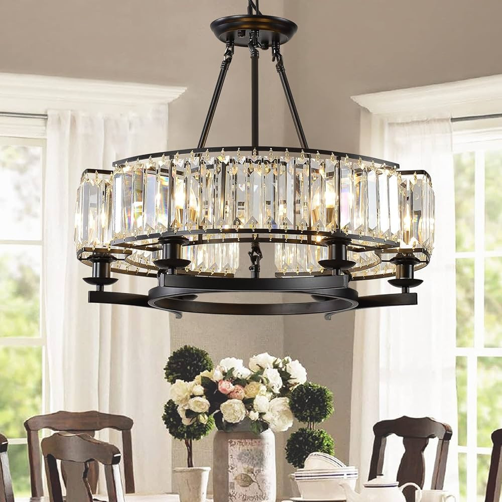 yomay Vintage Crystal Chandelier Black 6 Lights Hanging Ceiling Light Fixture Iron Frame Pendant ... | Amazon (US)