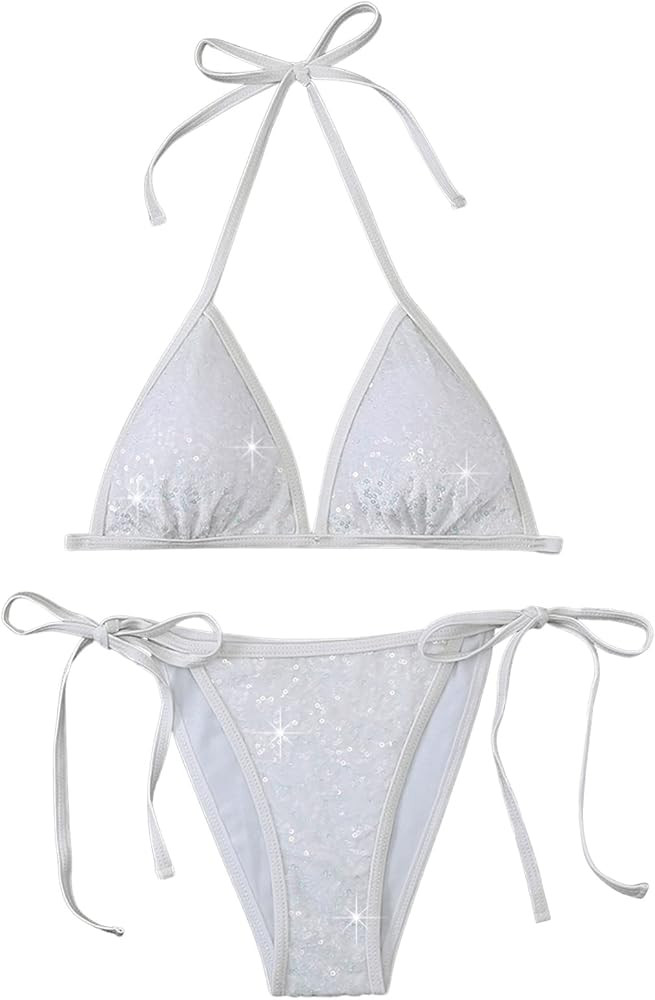 SweatyRocks Women's Sequin 2 Piece Swimsuit Halter Triangle Bikini Tie Side Bathing Suit | Amazon (US)