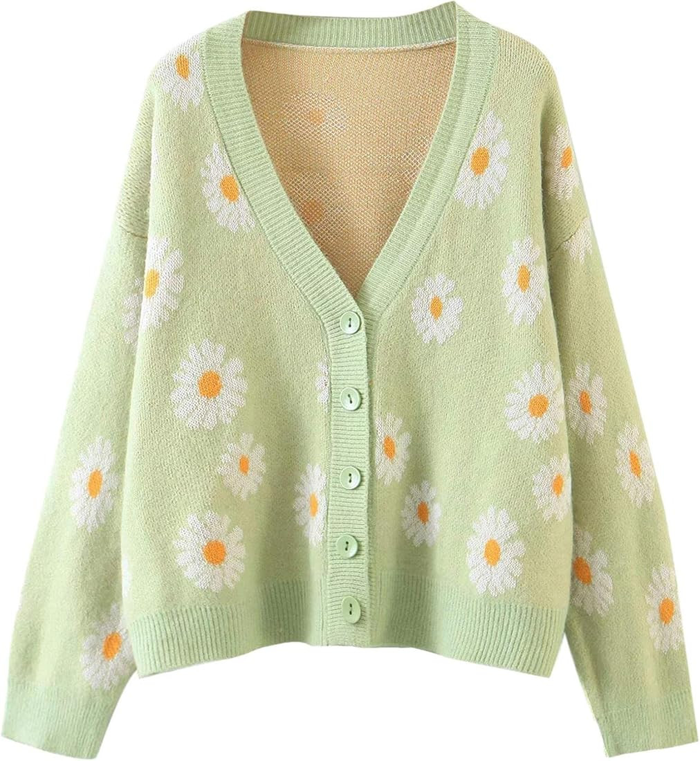 Women's Long Sleeve Thin Cardigans Sweater V-Neck Daisy Floral Button Loose Outerwear | Amazon (US)