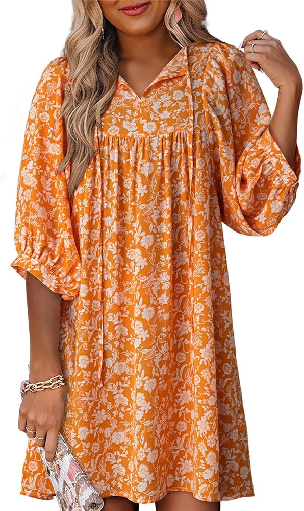 Womens Summer Dresses 2025 Boho Floral Drawstring V Neck Chiffon Lantern Sleeve Beach Vacation Mi... | Amazon (US)