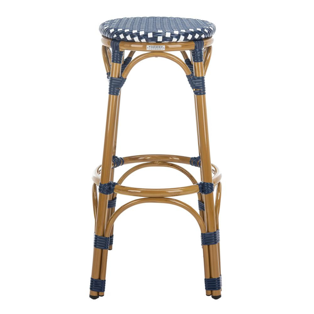 SAFAVIEH Kipnuk Navy/White Wicker Outdoor Bar Stool | The Home Depot