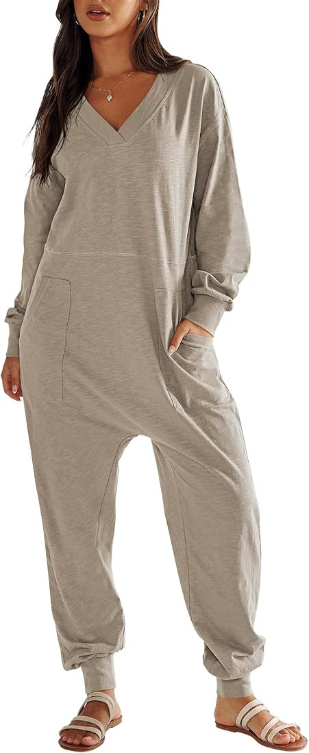 ANRABESS Women's Casual Loose Jumpsuits Long Sleeve V Neck Oversized Rompers Baggy Overalls Loung... | Amazon (US)