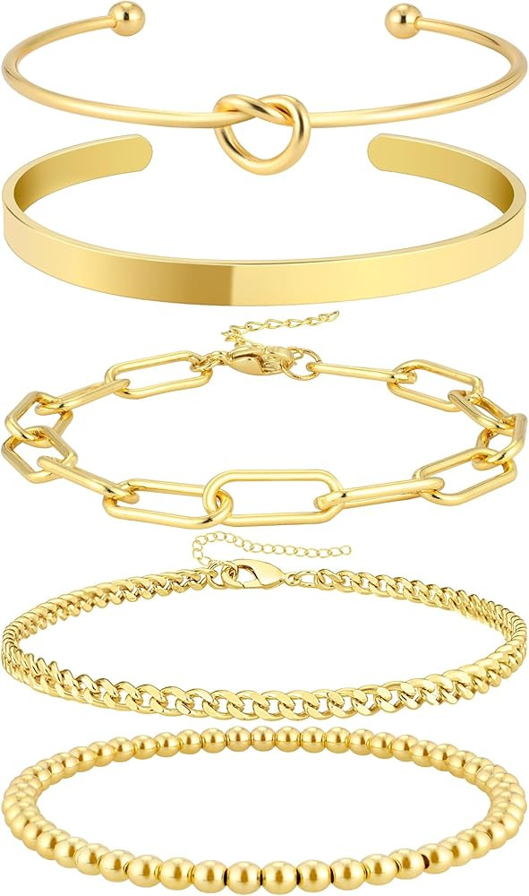 14K Gold Plated Bangle Cuff Bracelets Set for Women Trendy Dainty Gold Chain Bracelet Stack for Wome | Amazon (US)