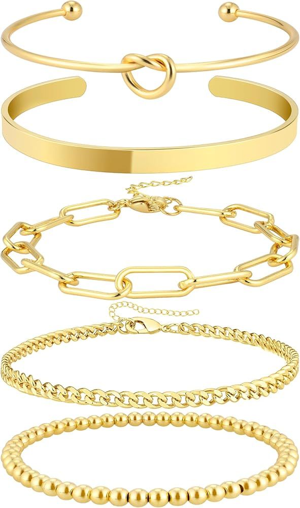 AOZEL Gold Bangle Cuff Bracelets for Women Fashion 14K Real Gold Plated Cuban Link Chain Bracelet... | Amazon (US)