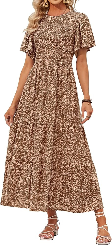 ZESICA Women's 2024 Summer Casual Floral Print Short Flutter Sleeve Crew Neck Smocked High Waist ... | Amazon (US)