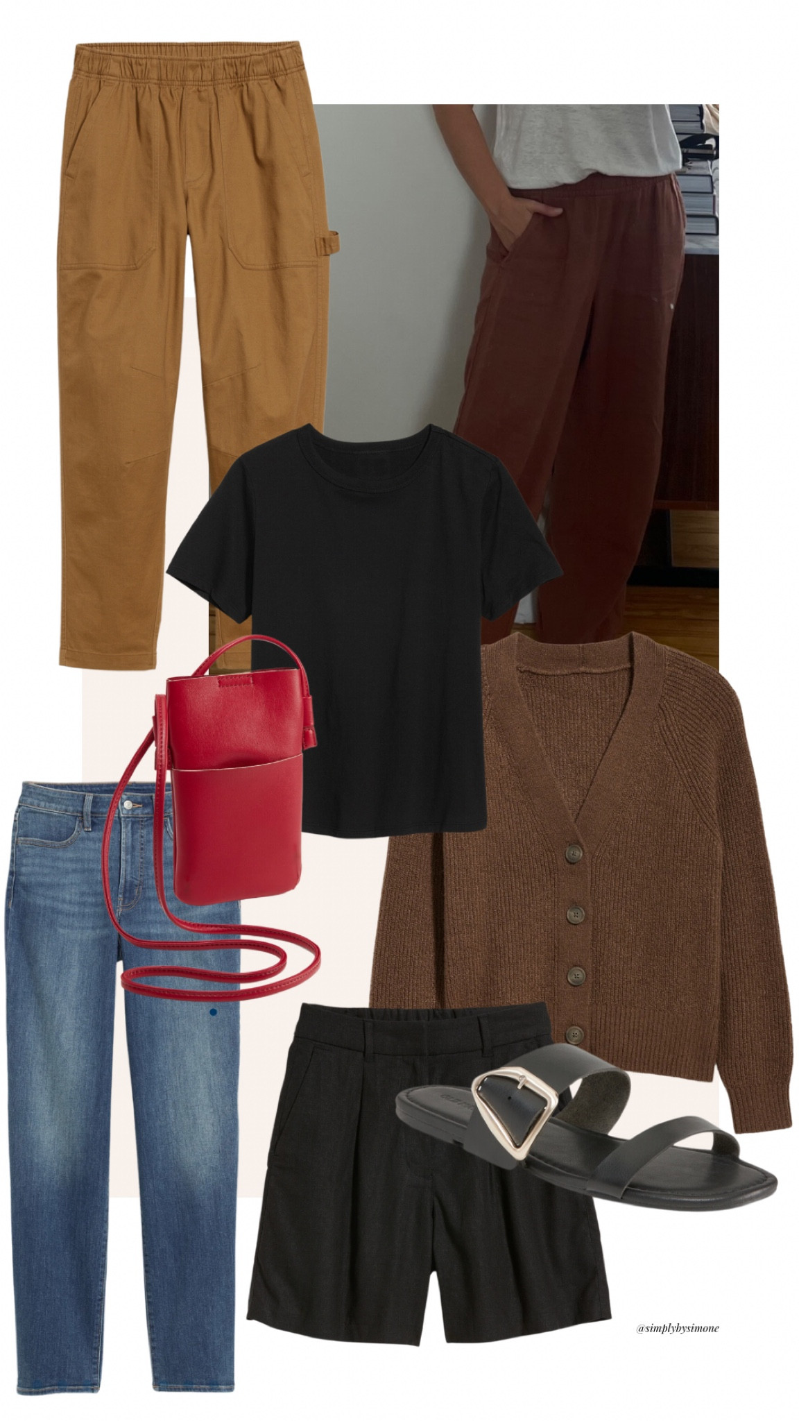 Old navy fall finds, affordable capsule wardrobe, linen cargo pants, brown knit cardigan, shaker stitch cardigan, black gold buckle sandals, red iPhone bag, black t shirt, boot cut jeans, black linen shorts 

#LTKSale #LTKsalealert #LTKBacktoSchool
