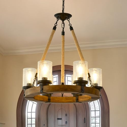 Rustic 6 Light Wagon Wheel Chandelier, Round Wood Pendant Light with Seeded Glass Shade, Farmhouse Chandeliers for Dining Room Kitchen Island Foyer Entryway | Amazon (US)