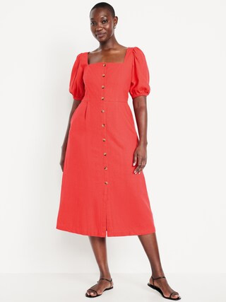 Linen-Blend Button-Front Midi Dress | Old Navy (US)