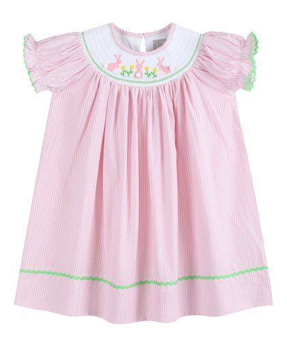 Pink Pinstripe Pom-Pom Easter Bunny Smocked Bishop Dress - Infant, Toddler & Girls | Zulily