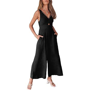 ANRABESS Women's Summer Wide Leg Linen Jumpsuits Dressy V Neck Sleeveless Casual Pants Rompers 20... | Amazon (US)