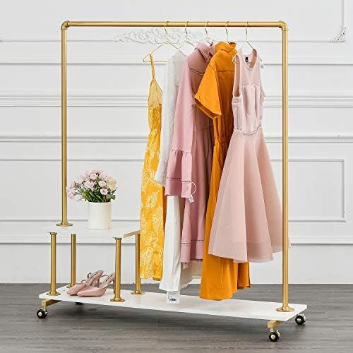 BOSURU Metal Rolling Clothing Rack on Wheels Industrial Pipe Clothes Rack with Wood Shelves Heavy... | Amazon (US)