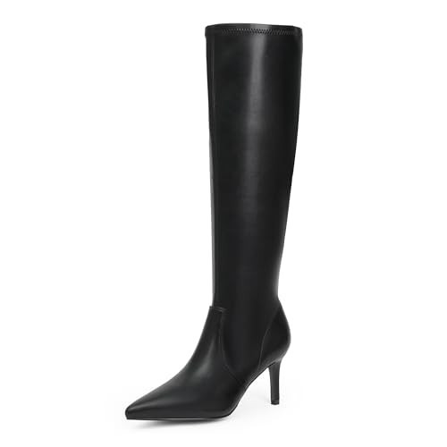 Modatope Black Knee High Boots for Women 2024 Black Boots for Women Tall Boots Black Stretch Leather Boots Stiletto Kitten Heel Pointed Toe High Boots Size 6 | Amazon (US)