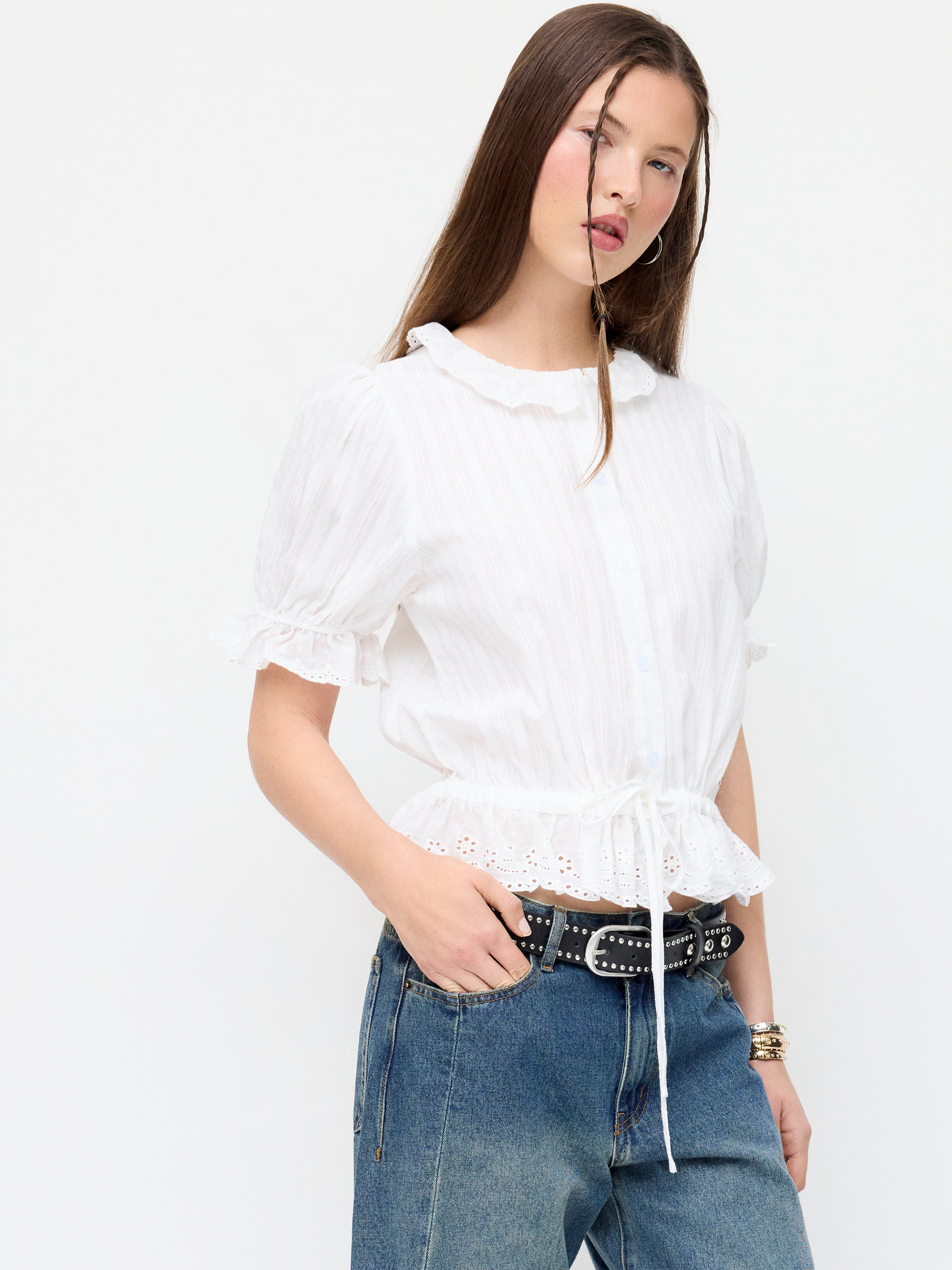 Cotton Cotton-blend Puff Sleeve Lace Trim Broderie Anglaise Oversized Blouse For Daily Casual Dat... | Cider