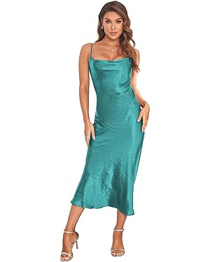 Women's Spaghetti Strap Midi Satin Silk Dresses Slip Cowl Neck Party Cocktail Evening Sexy Dress | Amazon (US)