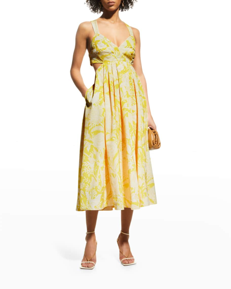 Mestiza New York Giselle Botanical-Print Cutout Dress w/ Bow | Neiman Marcus