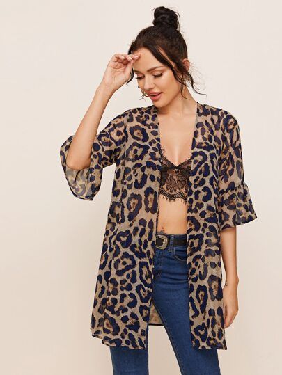 SHEIN Flounce Sleeve Leopard Kimono | SHEIN