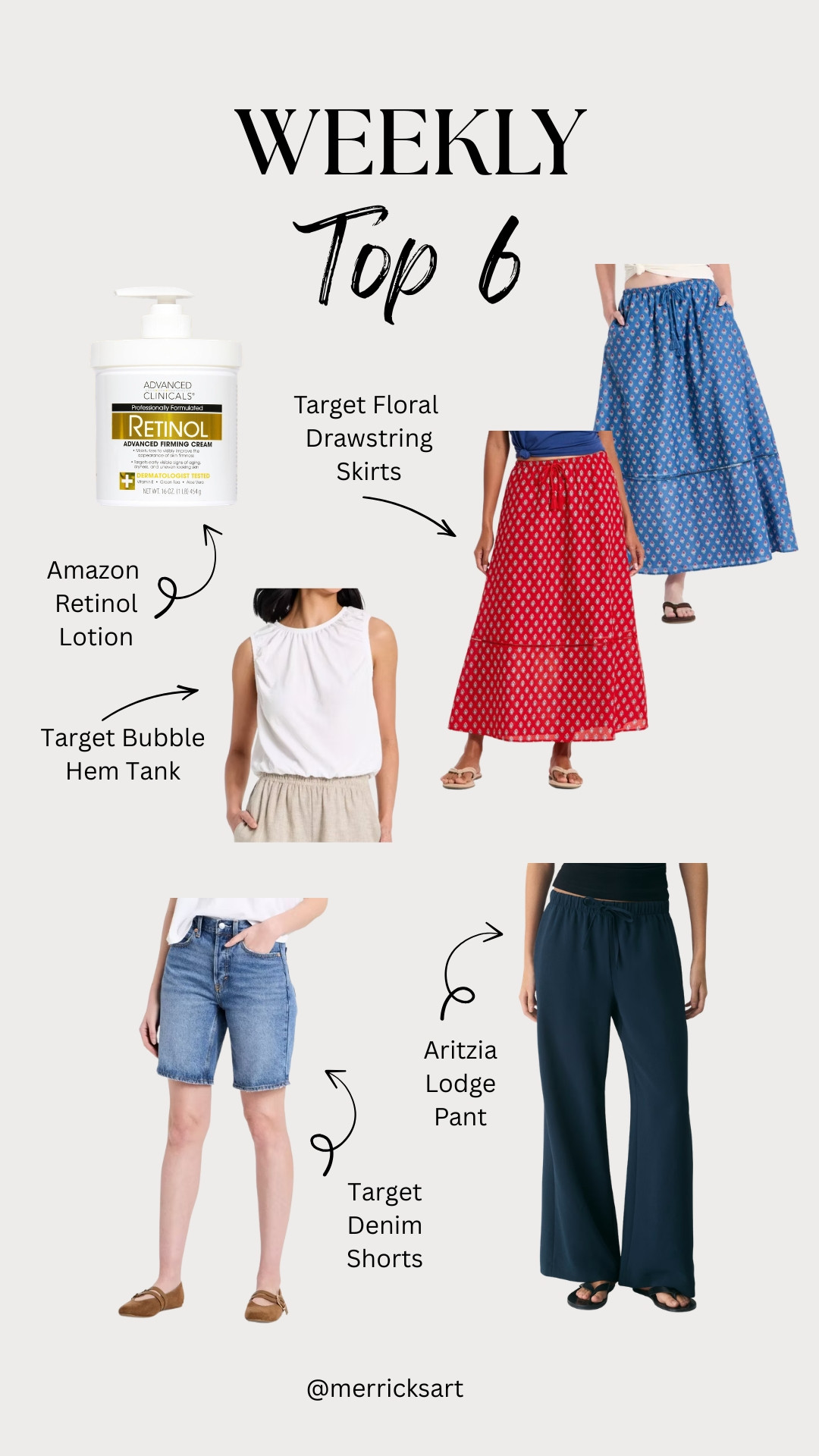 Weekly Top 6: Amazon Retinol Lotion, Target floral drawstring skirts, Target bubble hem tank, Aritzia Lodge Pant, Target Denim Shorts.
 

 #LTKSeasonal