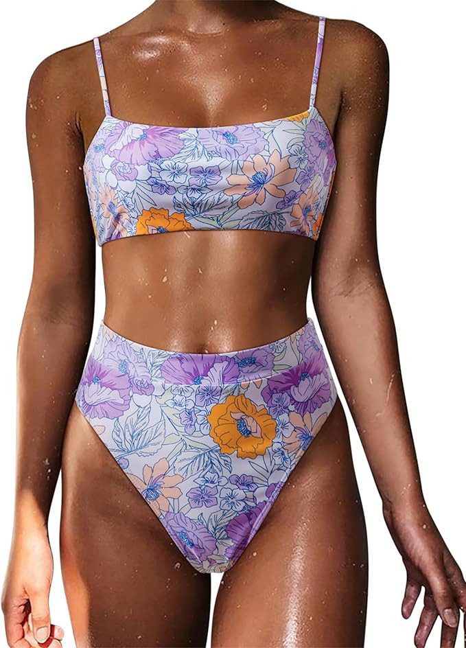 MOSHENGQI Women High Wasited Bikini Shoulder Strap 2 Piece High Cut String Swimsuits | Amazon (US)