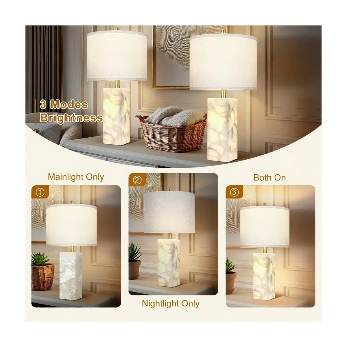Scenekoy Natural Alabaster Table Lamp Set Of 2 With Integrated Night Light, 23-Inch Modern Bedsid... | Wayfair North America