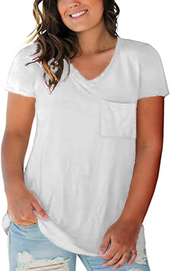 Womens Plus Size Tops V Neck Short Sleeve Tunic Shirts Casual T-Shirt Blouse | Amazon (US)